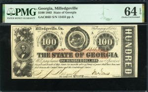 미국1863년 조지아주 밀리지빌 100 달러 PMG 64 EPQ 미사용